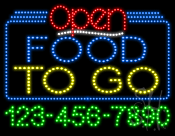 Food To Go Open with Phone Number Animated LED Sign
