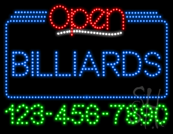 Billiards Open with Phone Number Animated LED Sign
