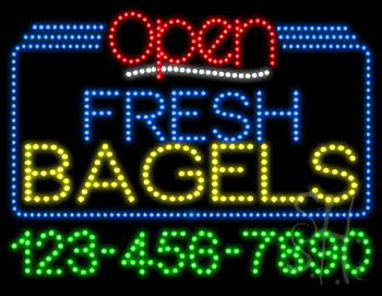 Fresh Bagels Open with Phone Number Animated LED Sign