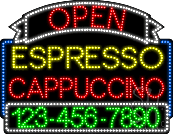 Espresso Cappuccino Open with Phone Number Animated LED Sign