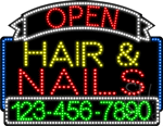 Hair and Nails Open with Phone Number Animated LED Sign